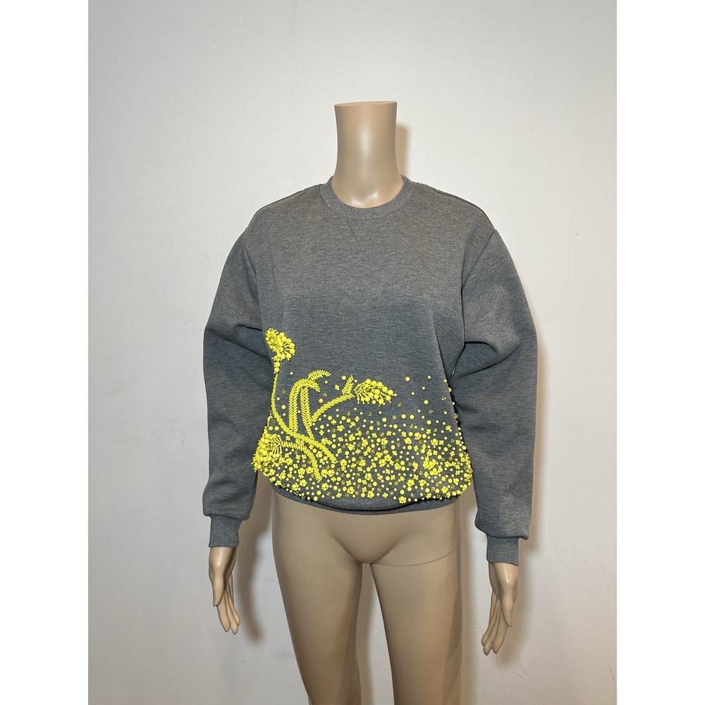 Prada Gray Crew Neck Sweater Yellow Beaded Aplique Emblemish Designer Pull Over